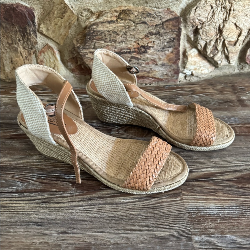 Lucky Brand Tan and Cream Wedge Sandals